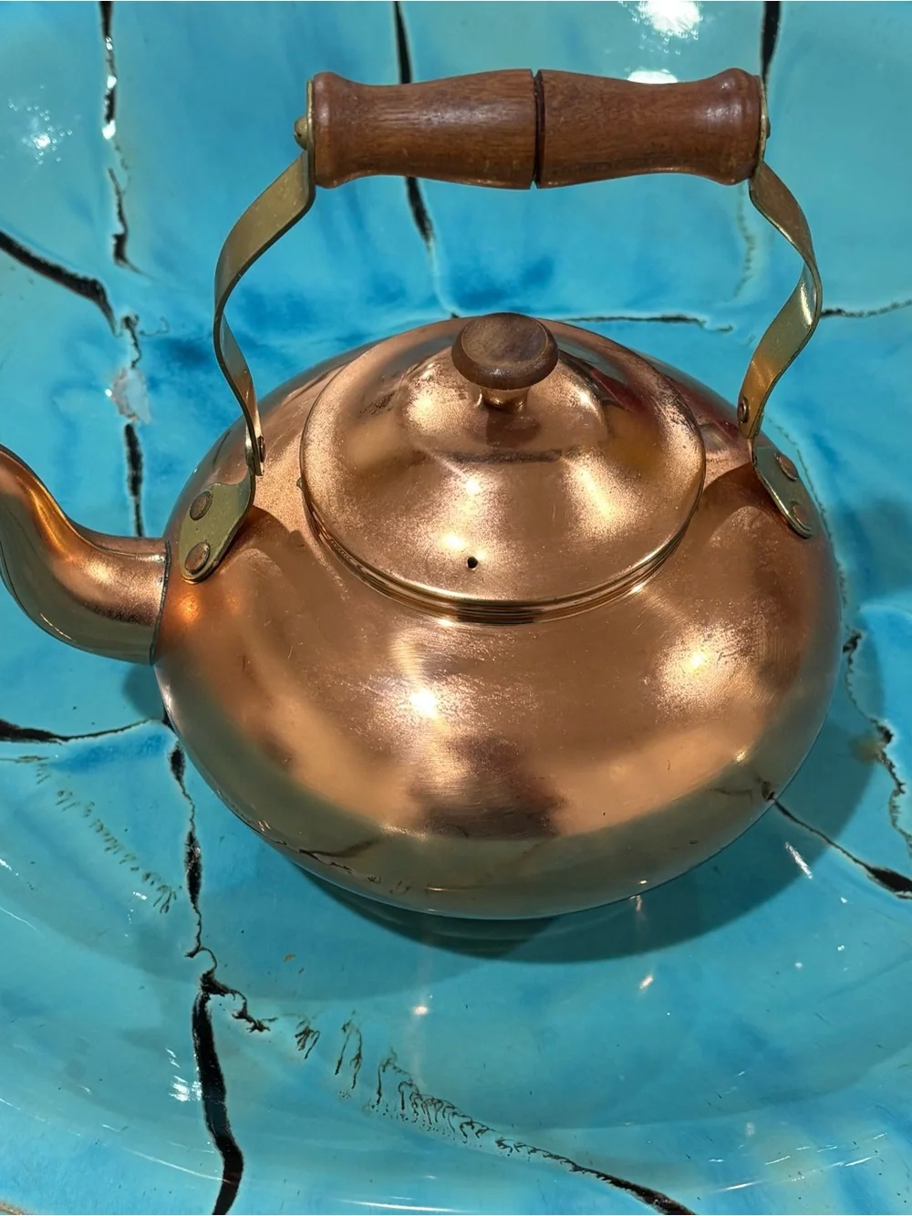 Vintage Copper Teapot with Tin Lining and Wood Handle Made in Portugal